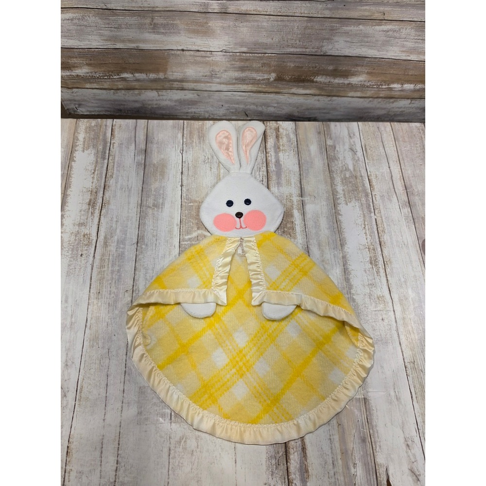 Vintage 1979 Fisher-Price Bunny Rabbit Lovey Blanket Yellow Plaid Satin Trim